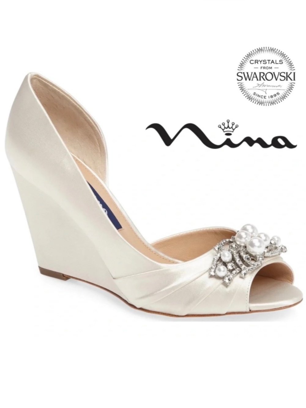 NINA Rona Swarovski Crystals Ivory White Satin Wedge Heel Wedding Bridal Pumps